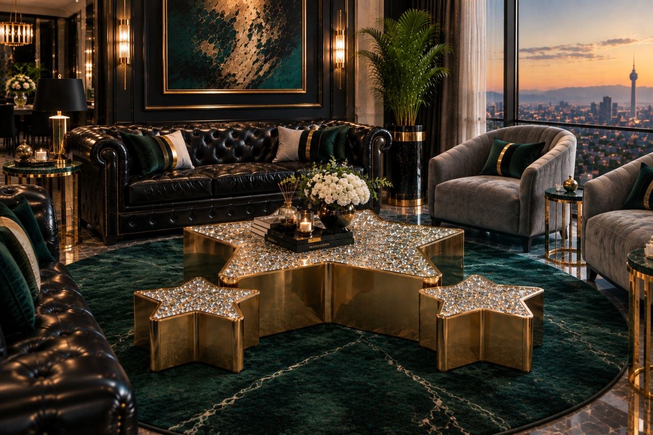 Gold star coffee tables in a luxury living room