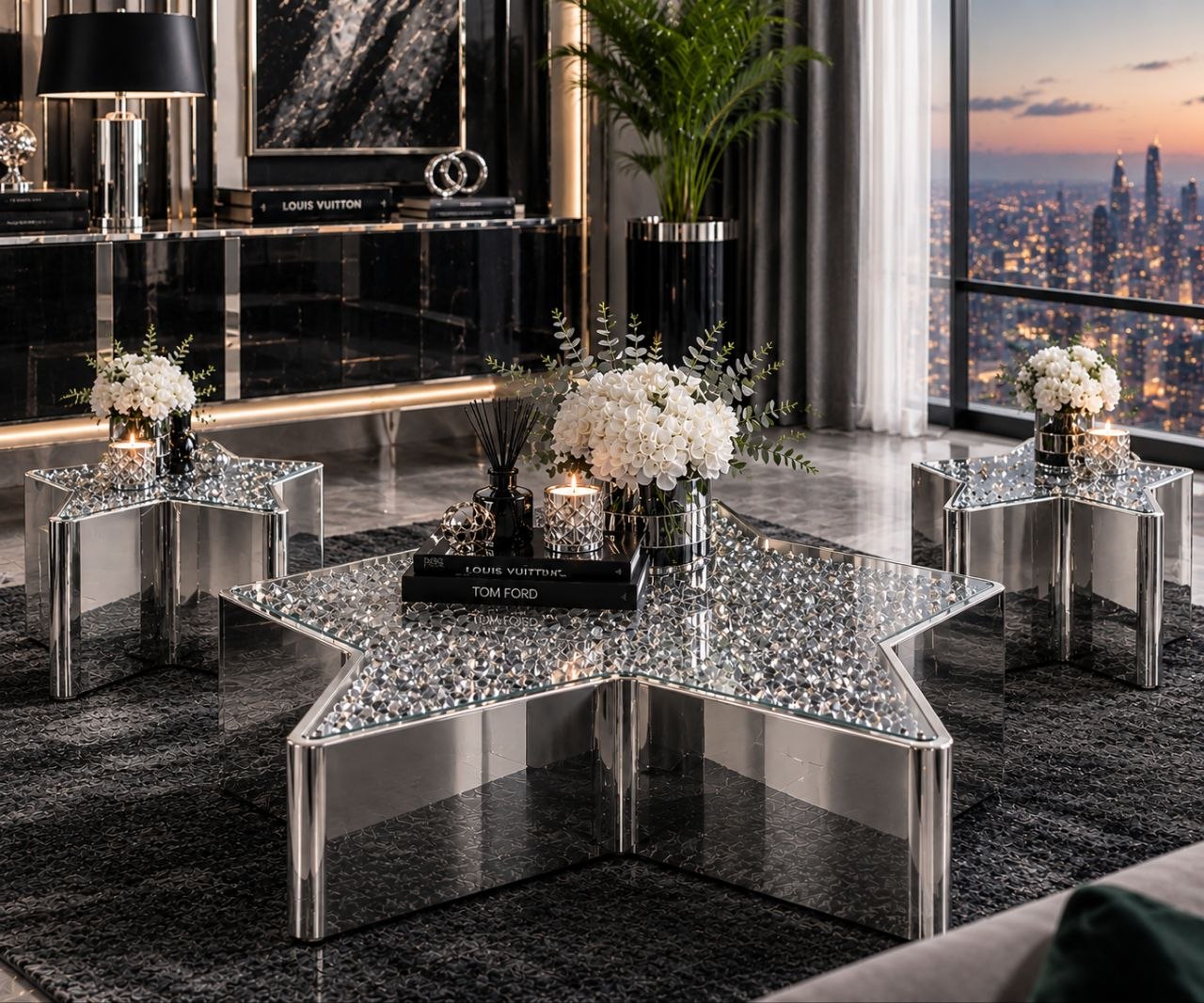 The Heart Table with geometric mosaic and red roses